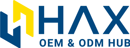 HAX OEM corporate logo, combining manufacturing symbols with a leaf.